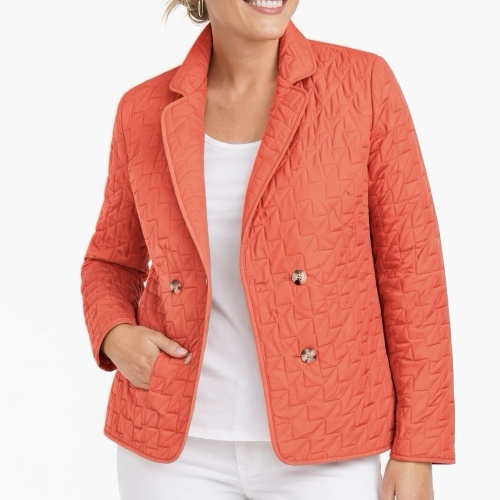 TALBOTS Quilted Jacket Petite XL Orange Double Breasted Lightweight Pockets